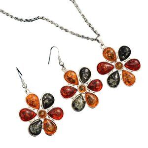 Imitation Amber Flower Necklace & Earring Set Silver Tone